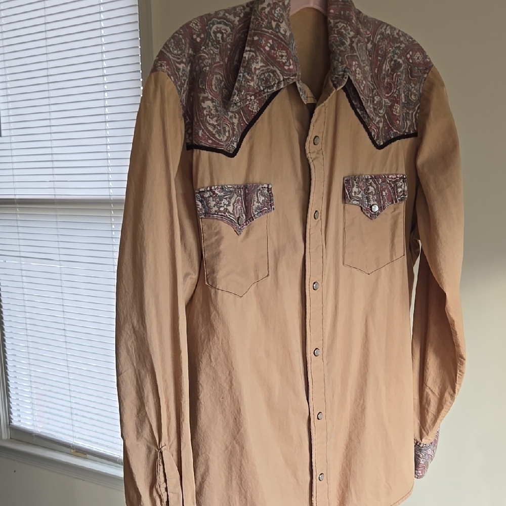 Vintage Mens 1970's Tan Western Shirt with Paisley Accents Size:L?
